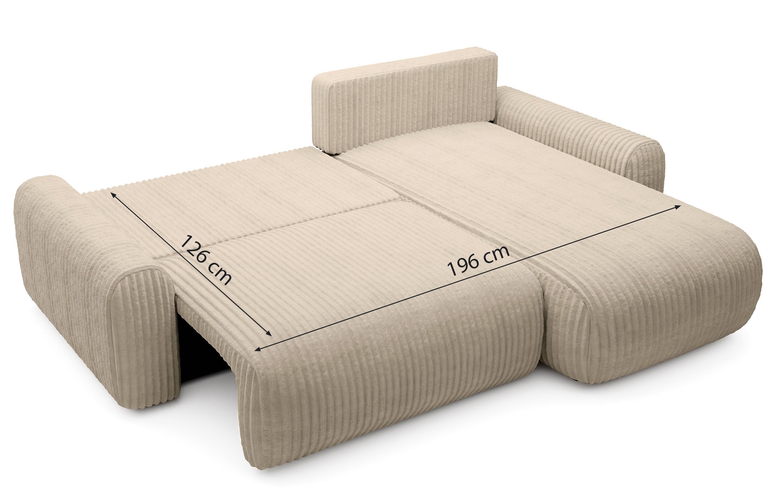 Ecksofa mit Schlaffunktion Lelu, L-förmig, universell, mit Stauraum, kremfarbener Cordstoff