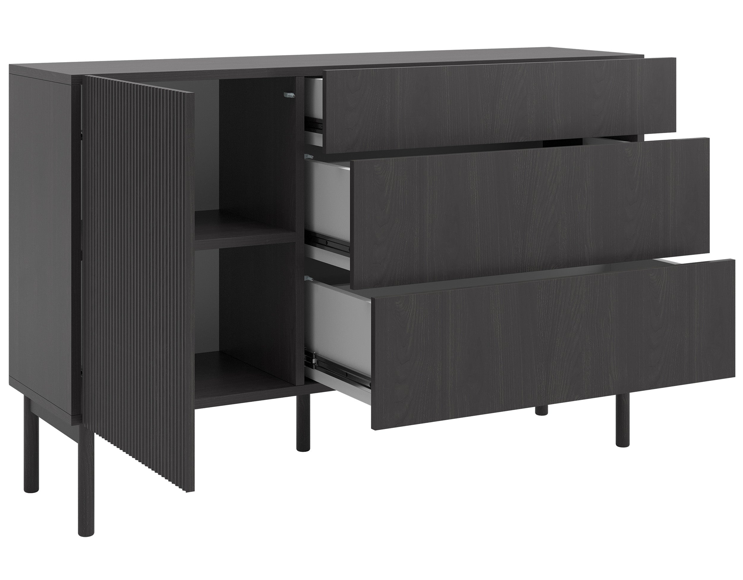 Einzeltür-Kommode Nolie mit drei Schubladen, 140 cm, Portland Esche Schwarz