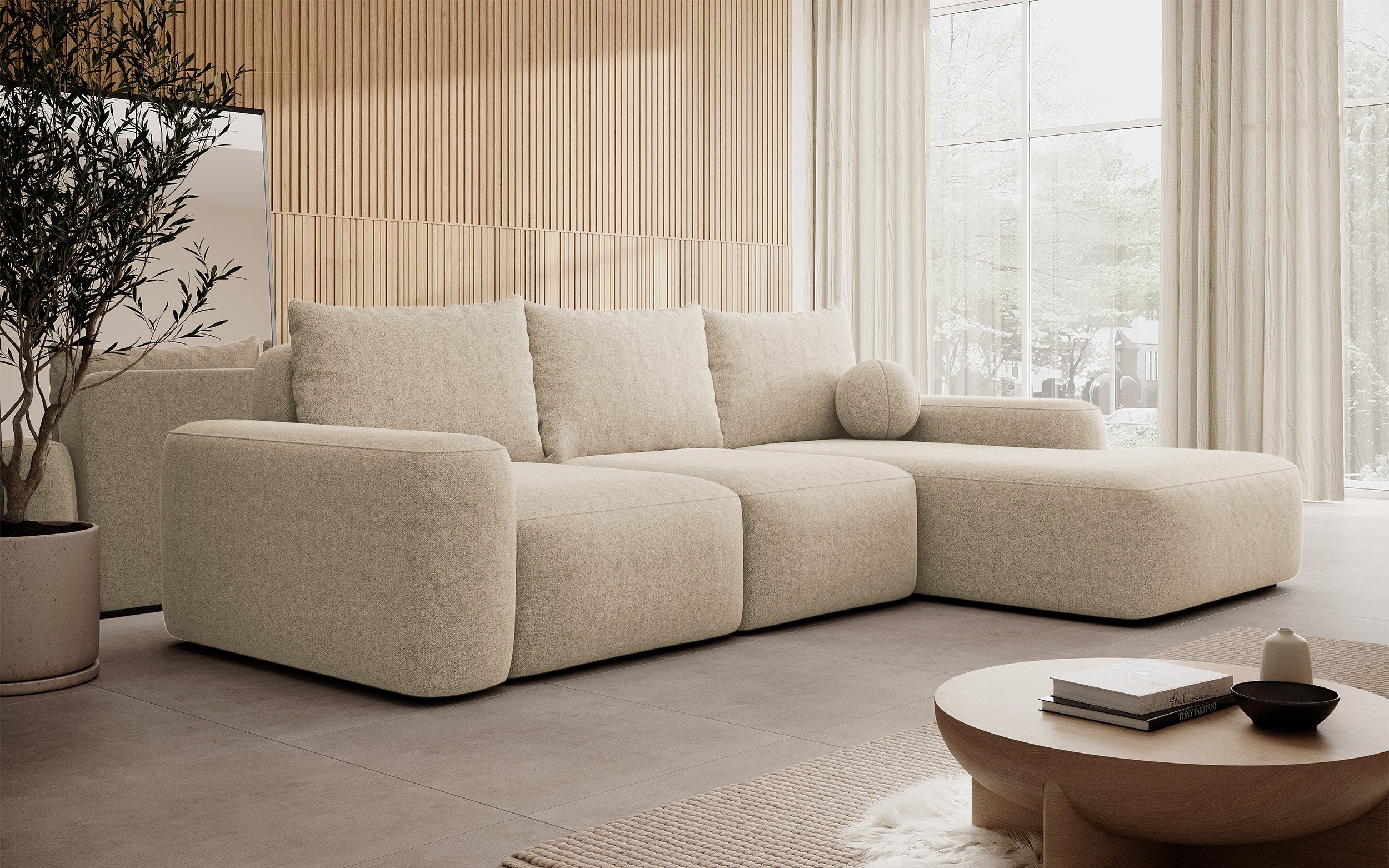 Ecksofa mit Schlaffunktion Carnos, L-förmig mit Ball, einzelne Kissen, beige hydrophobes Chenille, rechtsseitig