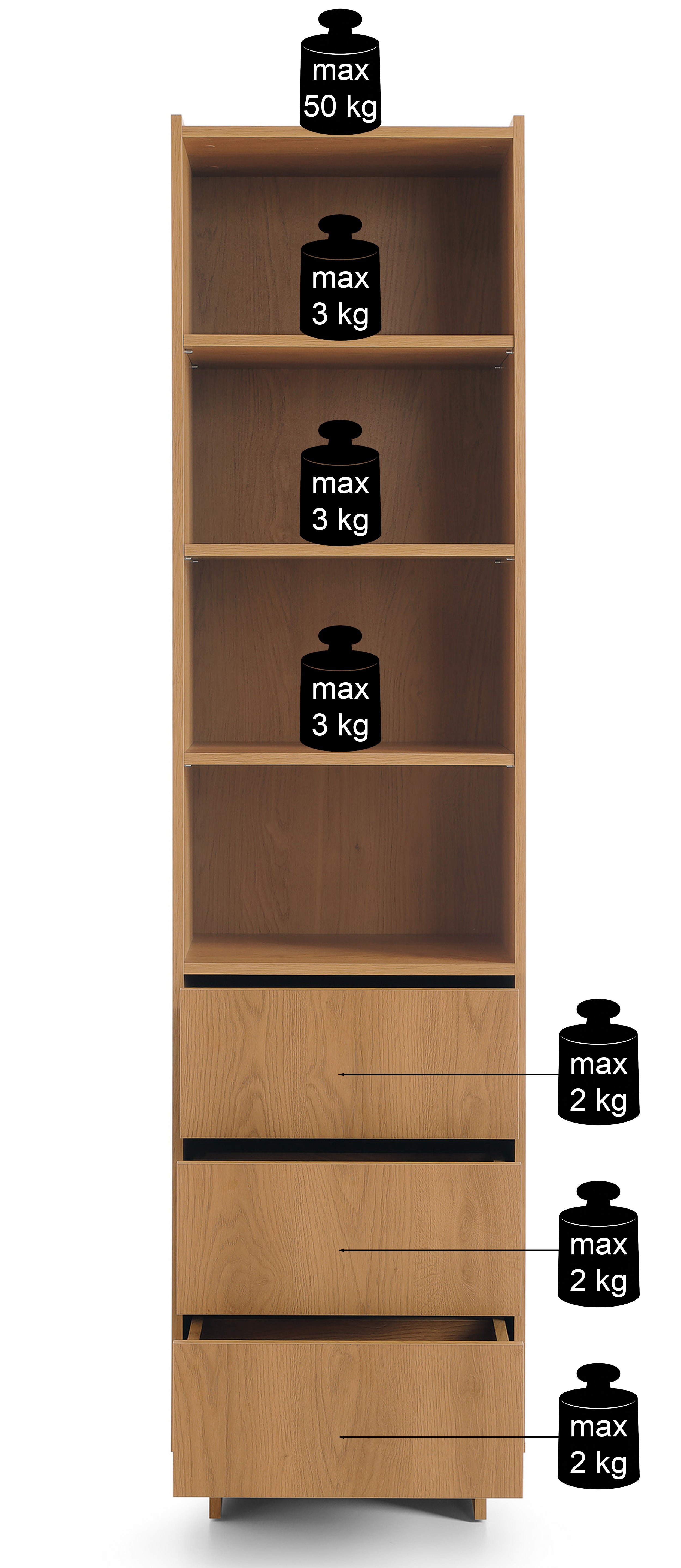 Yasumi Regal mit drei Schubladen und Regalen, 50 cm, Karamelleiche