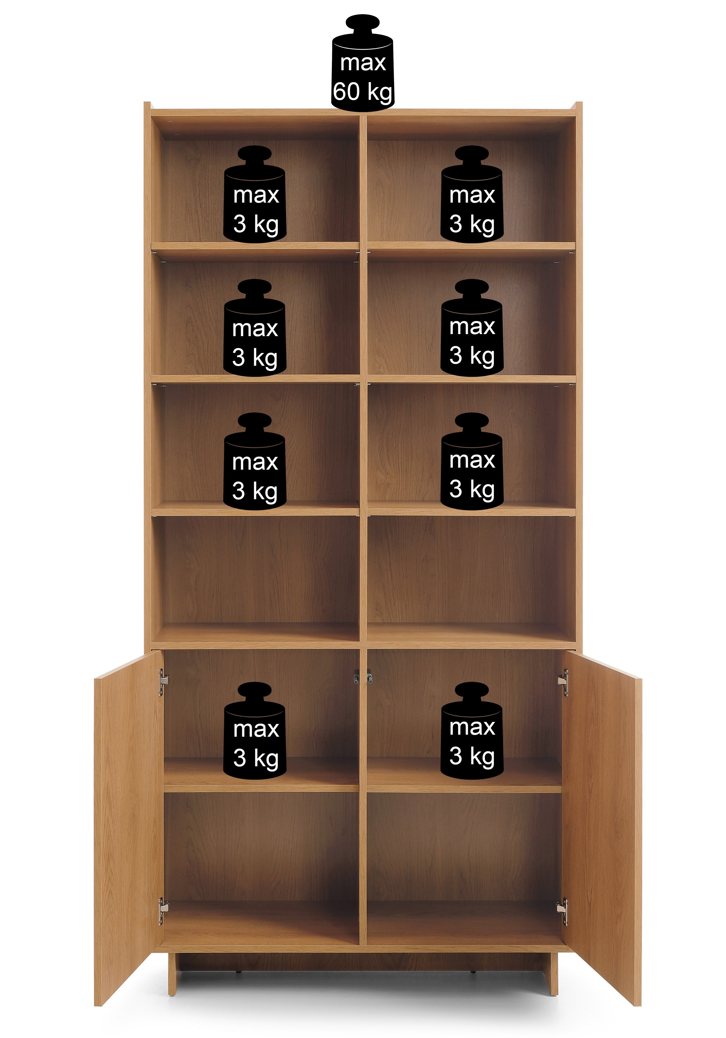 Zweittüriges Regal Yasumi mit Regalböden, 98 cm, Karamelleiche