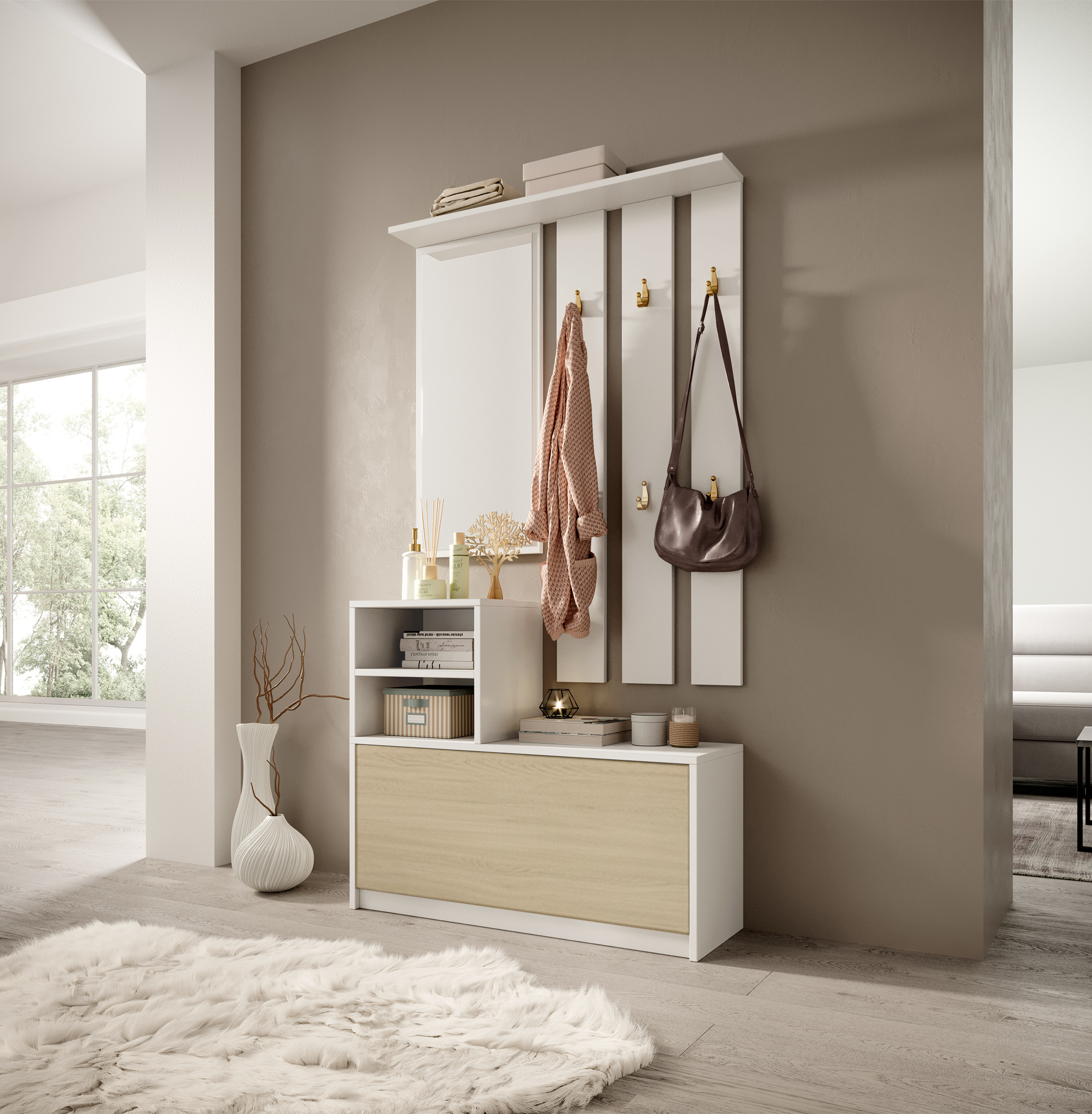 Yesfir Flur-Set mit Schuhschrank und Haken, 85 cm, Weiß/Lindberg Eiche