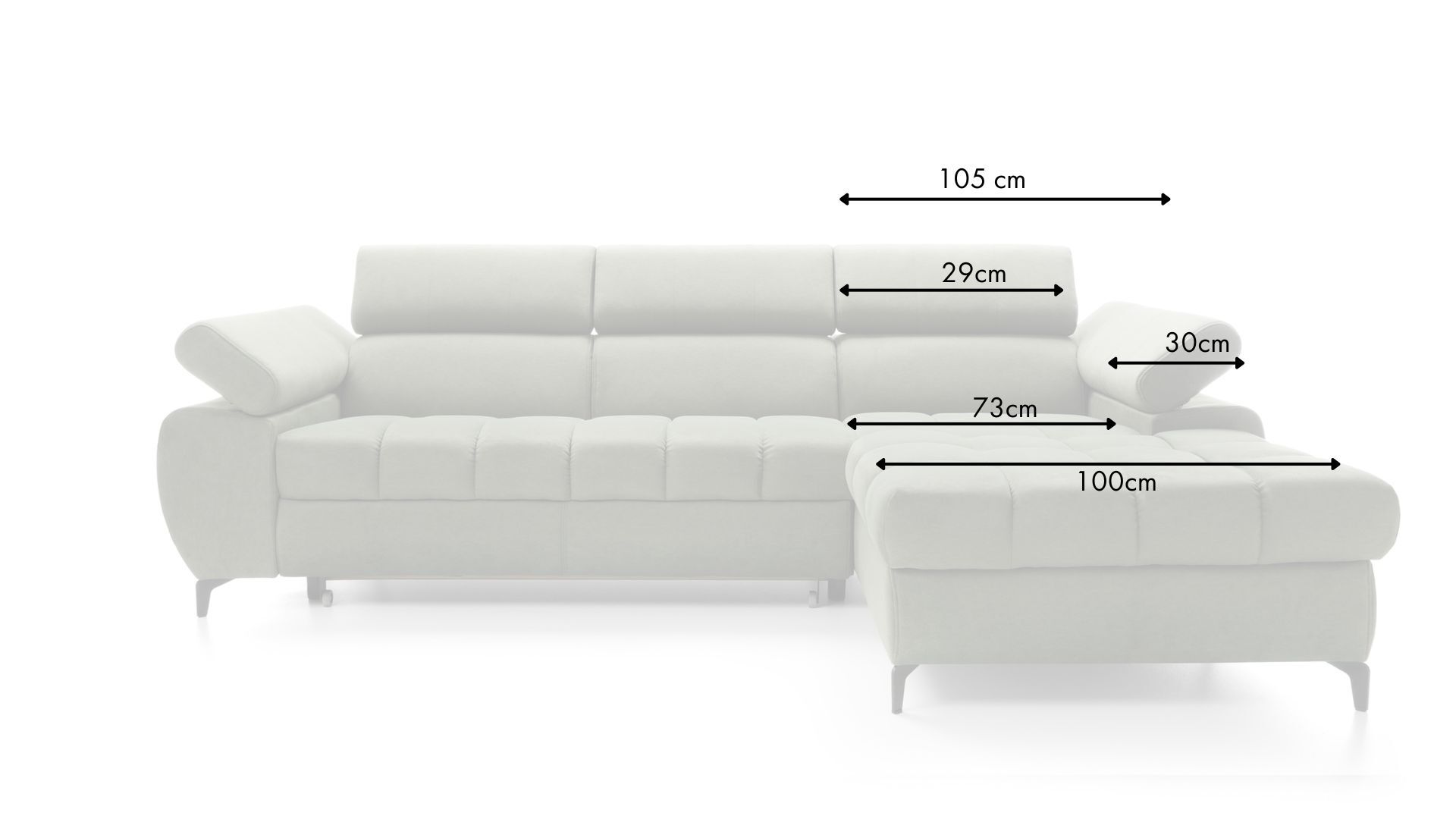 Ecksofa mit Schlaffunktion Pernes L-förmig mit verstellbaren Kopfstützen und Armlehnen sowie einem Stauraum, beige Velours, pflegeleicht, rechtsseitig.