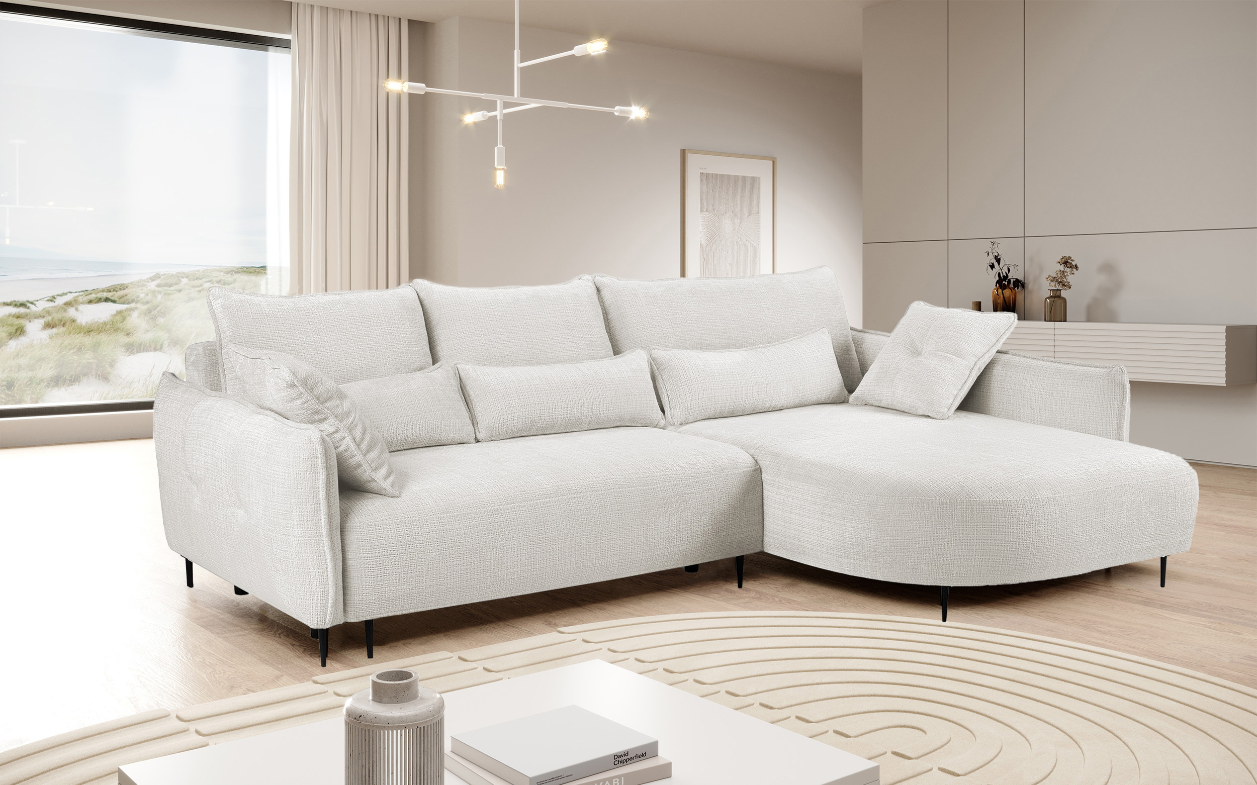 Ecksofa Oblivio mit Schlaffunktion L-förmig mit Stauraum cremefarbener Chenille rechtsseitig