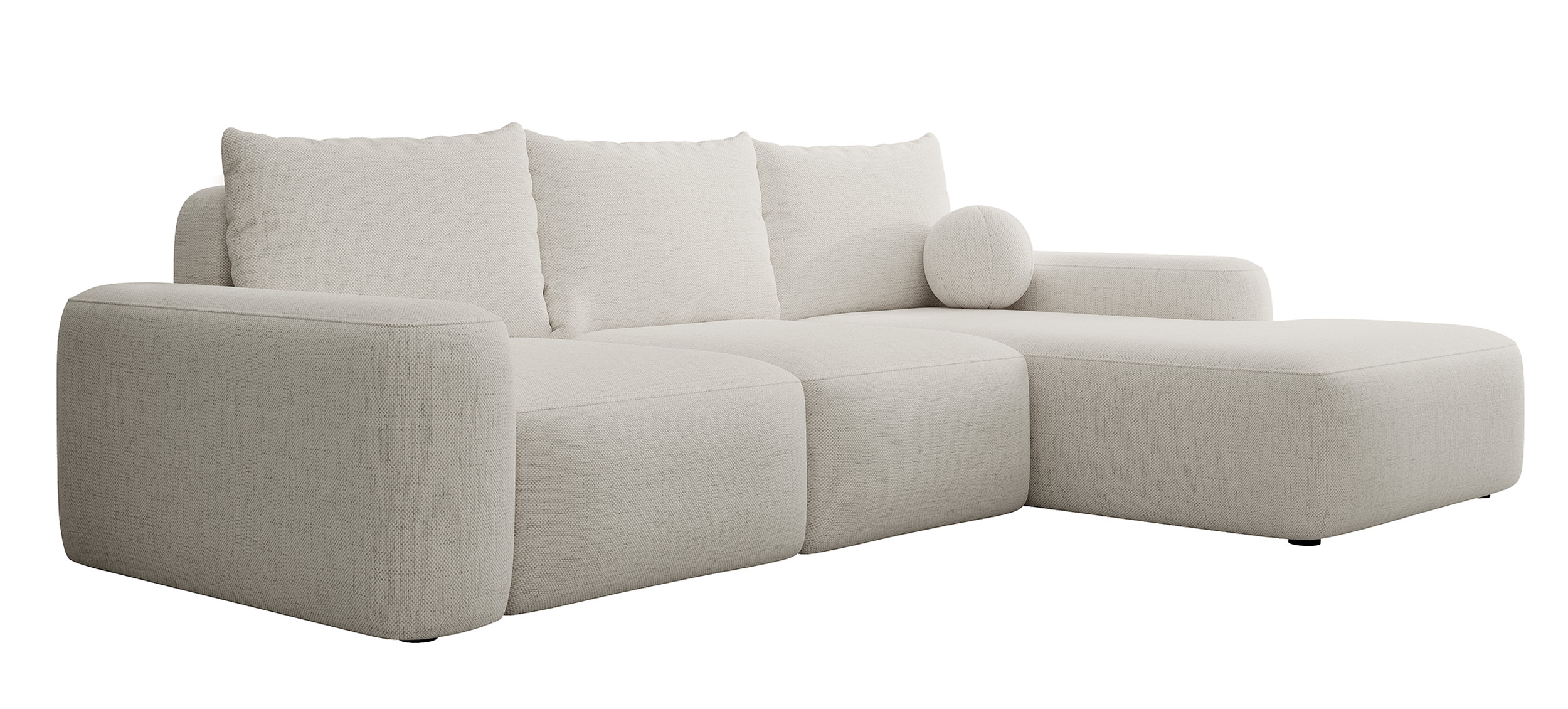 Ecksofa mit Schlaffunktion Carnos L-förmig mit Ball, einzelne Kissen in cremefarbenem hydrophobem Chenille, rechtsseitig.