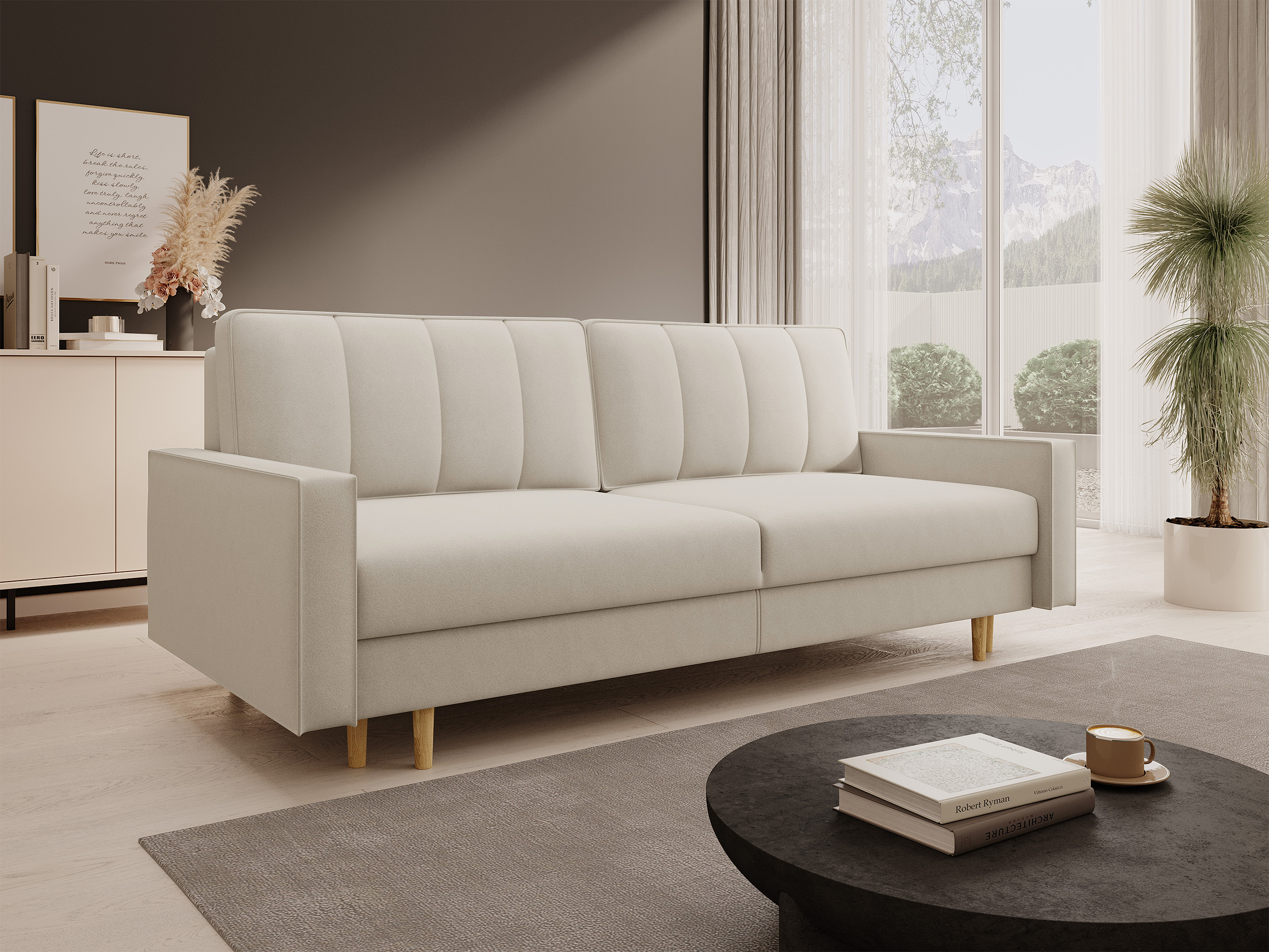 Dreisitziges Klappsofa Derban mit Stauraum, hellbeiger, pflegeleichter Samtvelours