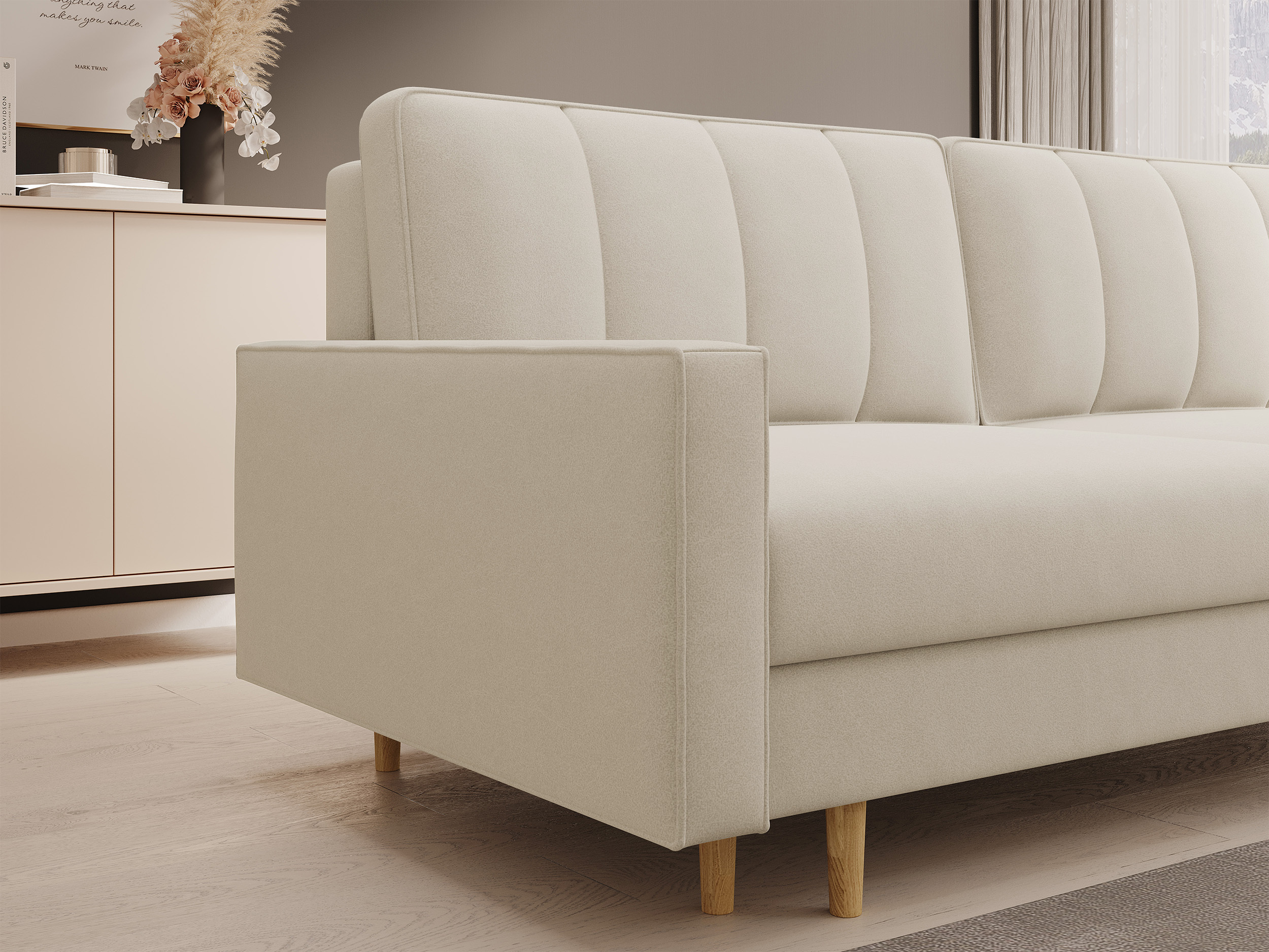 Dreisitziges Klappsofa Derban mit Stauraum, hellbeiger, pflegeleichter Samtvelours