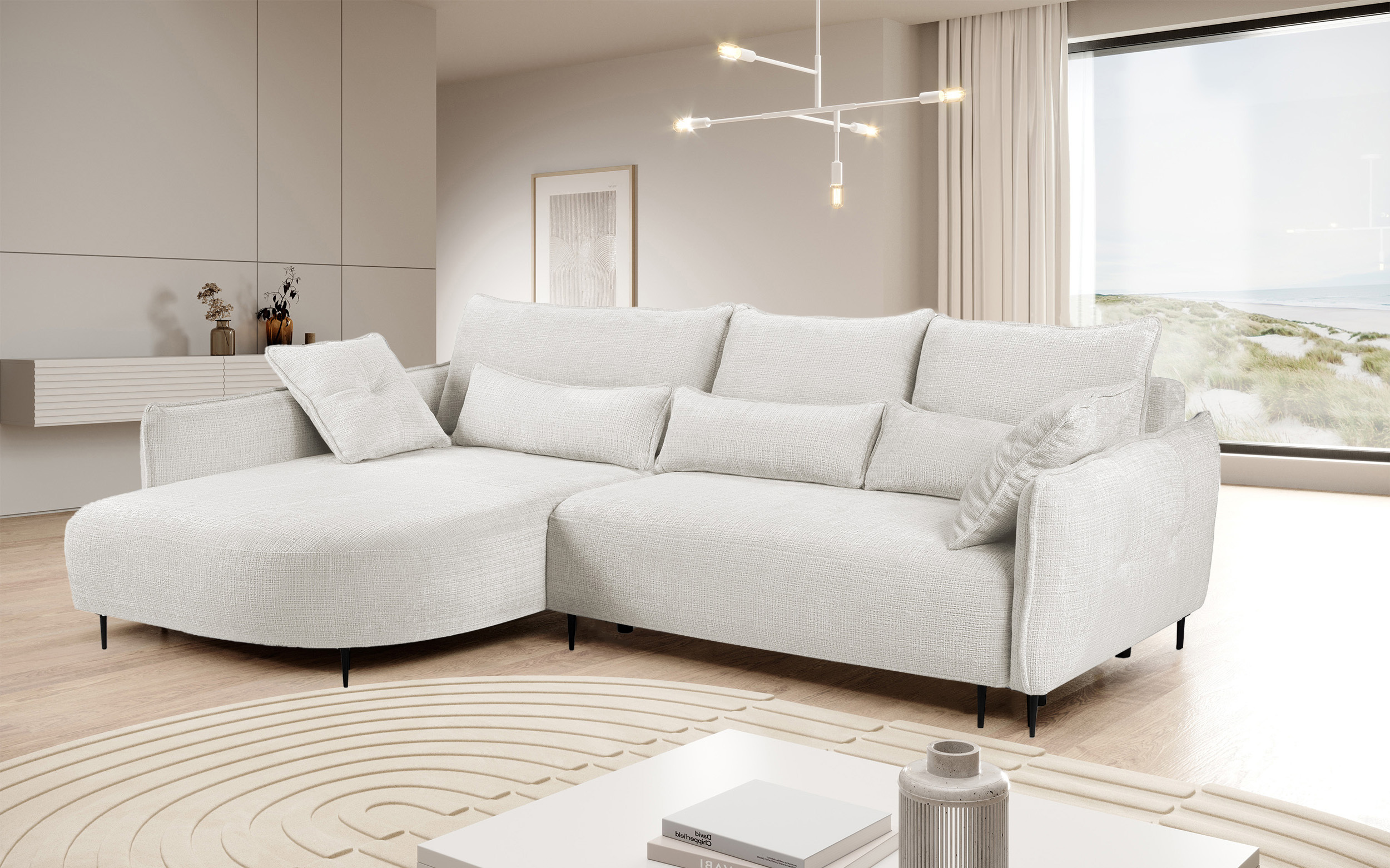 Ecksofa Oblivio mit Schlafunktion L-förmig mit Stauraum cremefarbener Chenille linksseitig