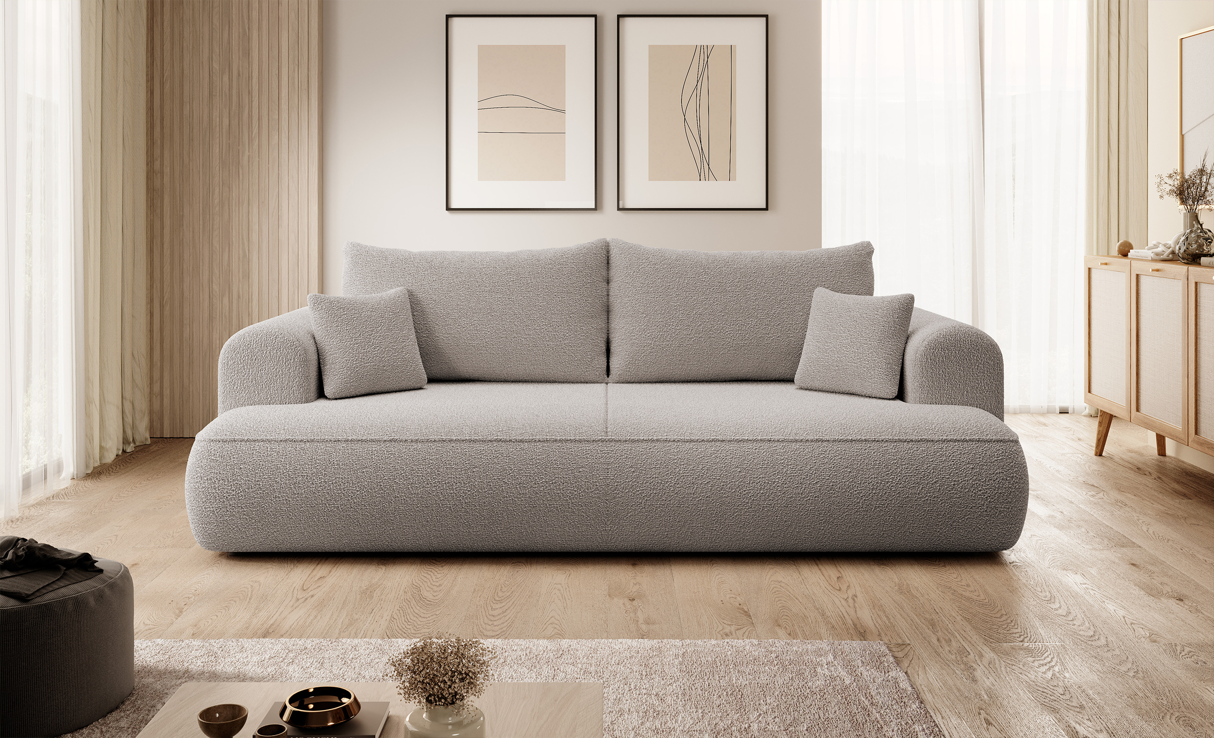 Dunkelbeige Bouclé-Ovo-Schlafsofa für drei Personen mit Stauraum