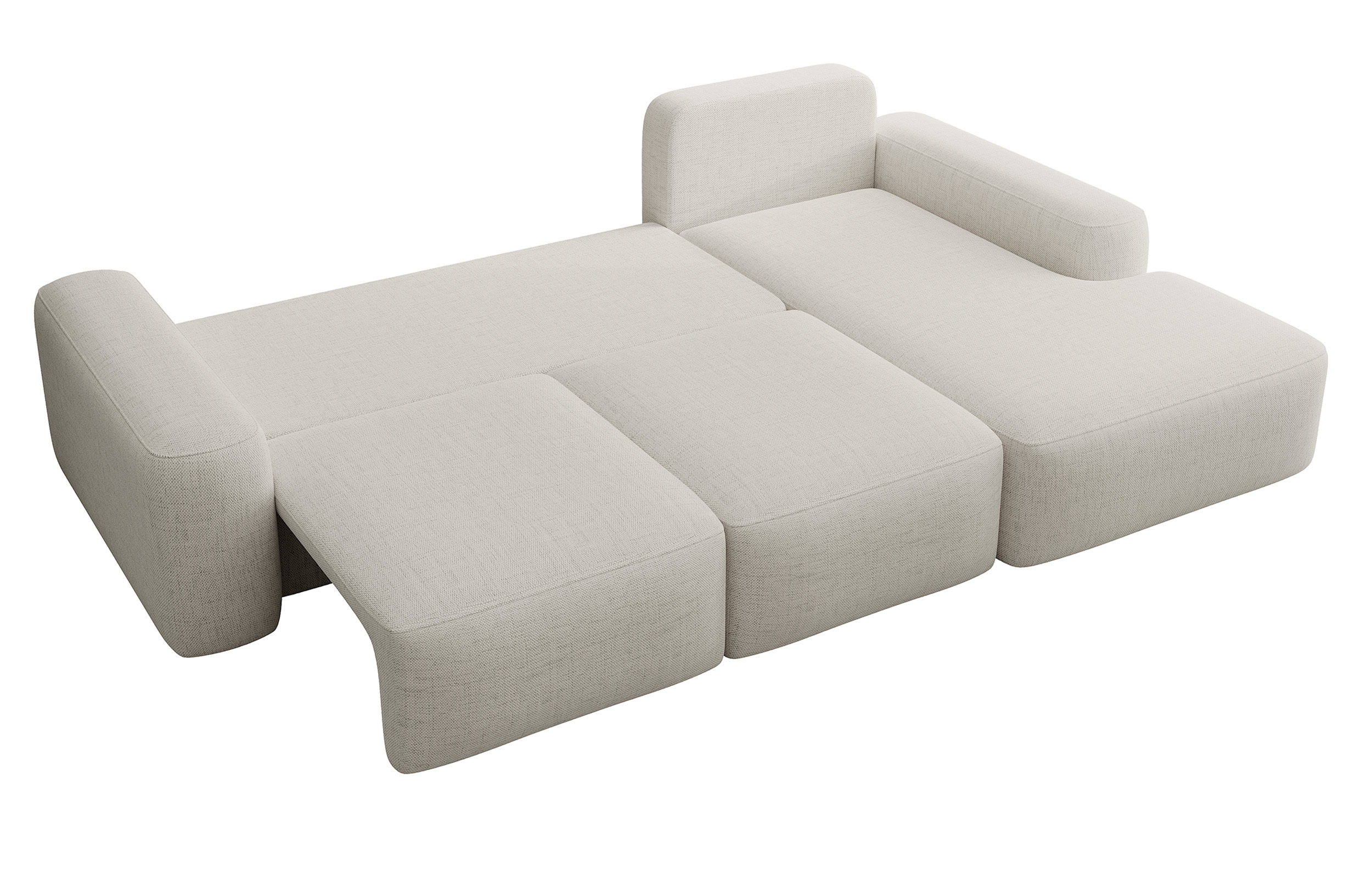 Ecksofa mit Schlaffunktion Carnos L-förmig mit Ball, einzelne Kissen in cremefarbenem hydrophobem Chenille, rechtsseitig.