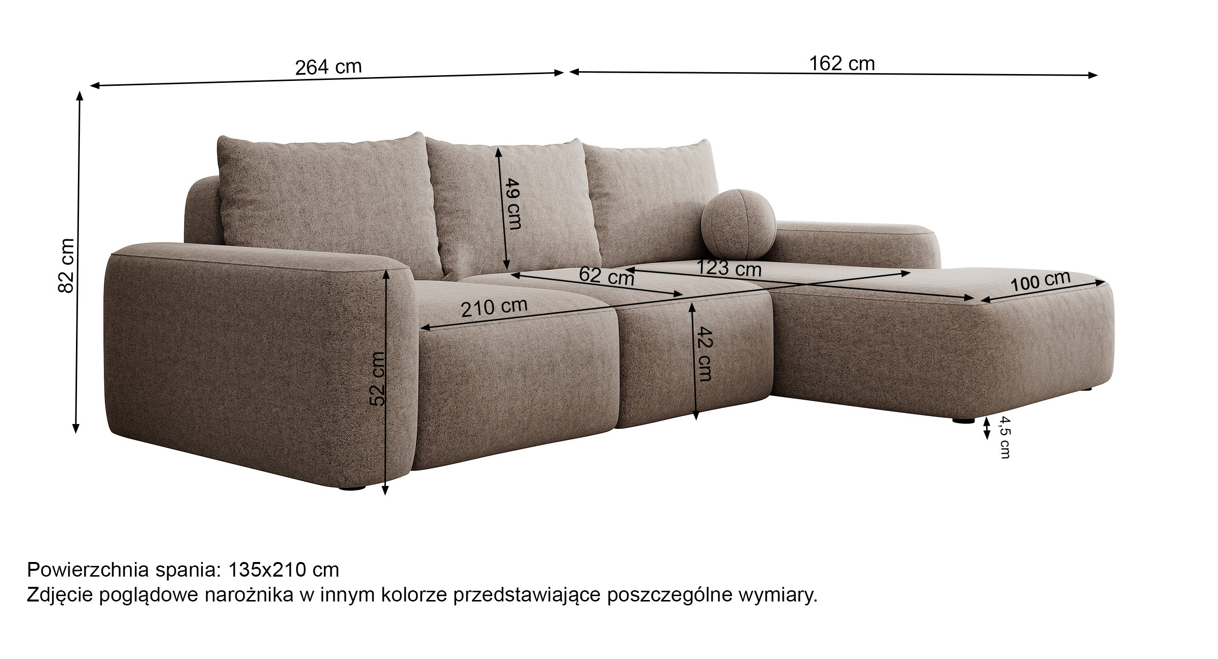 Ecksofa mit Schlaffunktion Carnos L-förmig mit Ball, einzelne Kissen in cremefarbenem hydrophobem Chenille, rechtsseitig.