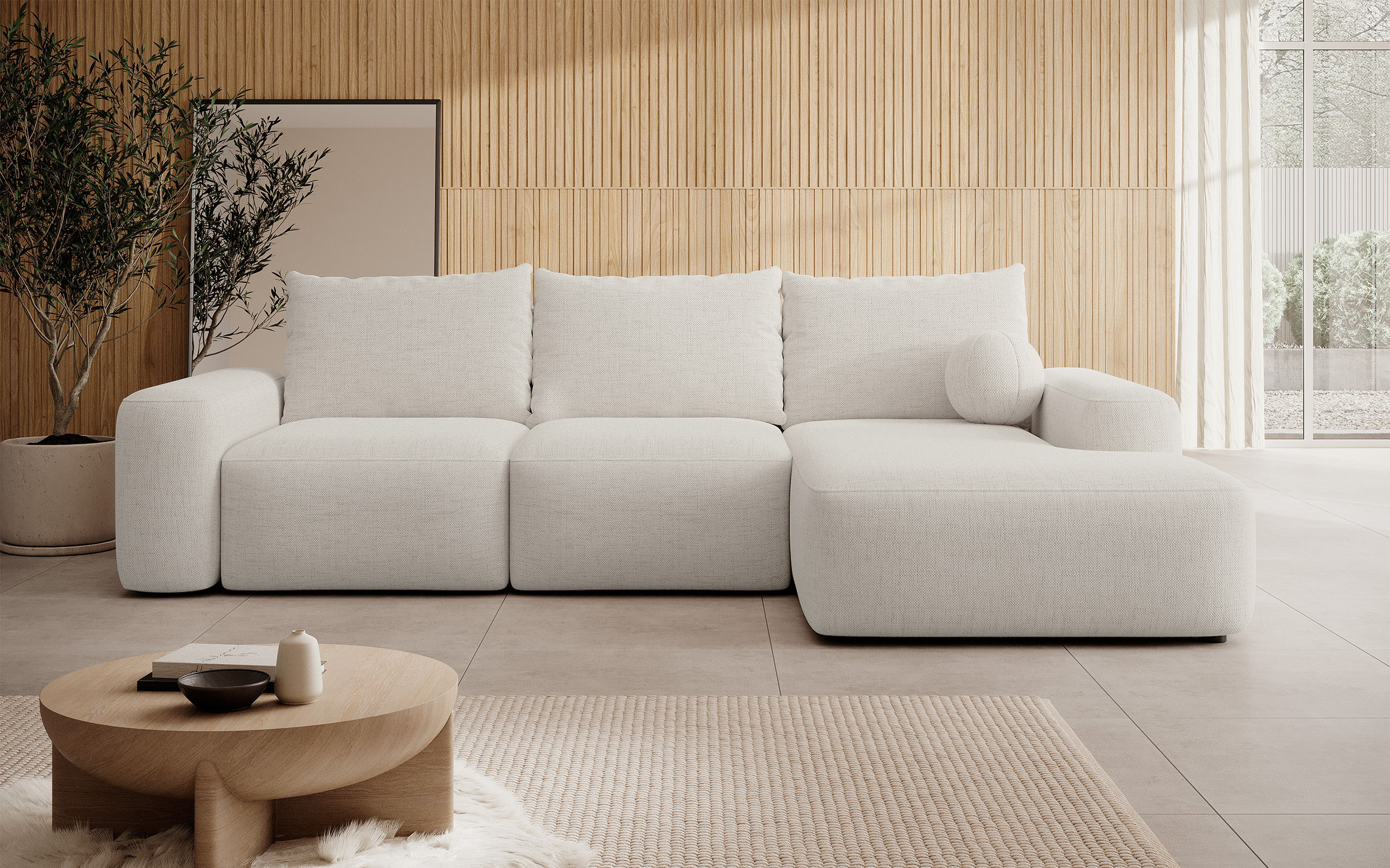 Ecksofa mit Schlaffunktion Carnos L-förmig mit Ball, einzelne Kissen in cremefarbenem hydrophobem Chenille, rechtsseitig.