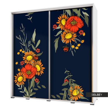 Kleiderschrank WENECJA 205 cm breit mit Fotodruck Gemalte Blumensträuße