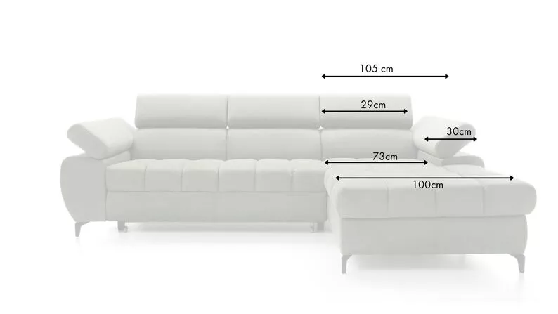 Ecksofa mit Schlaffunktion Pernes L-förmig mit verstellbaren Kopfstützen und Armlehnen sowie einem Stauraum, beige Velours, pflegeleicht, rechtsseitig.