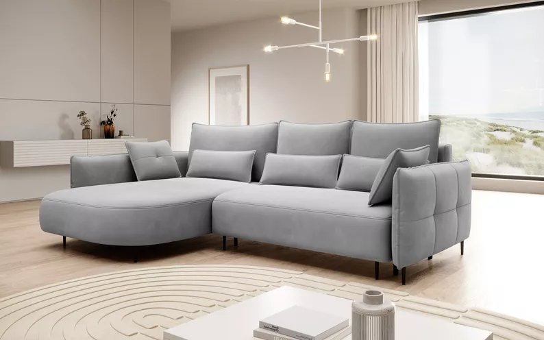 Ecksofa Oblivio mit Schlaffunktion L-förmig mit Stauraum graues Velvet linksseitig hydrophob