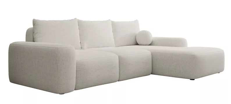 Ecksofa mit Schlaffunktion Carnos L-förmig mit Ball, einzelne Kissen in cremefarbenem hydrophobem Chenille, rechtsseitig.