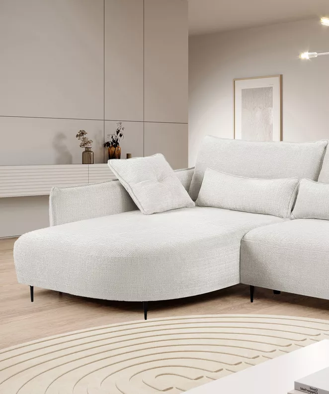Ecksofa Oblivio mit Schlafunktion L-förmig mit Stauraum cremefarbener Chenille linksseitig
