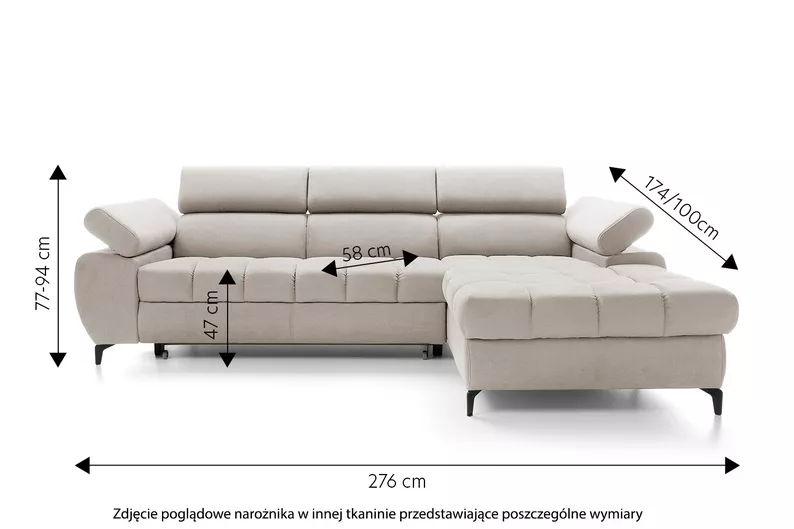 Ecksofa mit Schlaffunktion Pernes L-förmig mit verstellbaren Kopfstützen und Armlehnen sowie einem Stauraum, beige Velours, pflegeleicht, rechtsseitig.