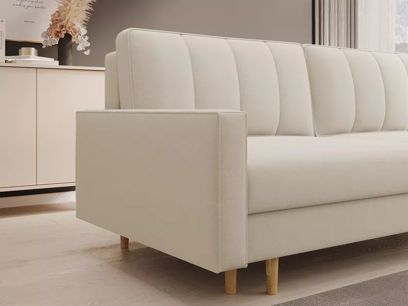 Dreisitziges Klappsofa Derban mit Stauraum, hellbeiger, pflegeleichter Samtvelours