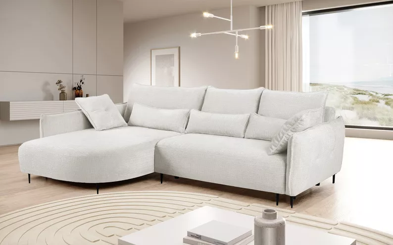 Ecksofa Oblivio mit Schlafunktion L-förmig mit Stauraum cremefarbener Chenille linksseitig