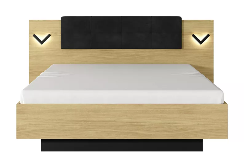 Bett Vilhena mit Lattenrost, Stauraum und Beleuchtung Eiche Scandi / Schwarz