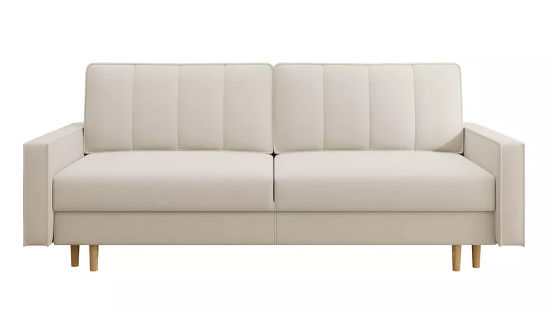 Dreisitziges Klappsofa Derban mit Stauraum, hellbeiger, pflegeleichter Samtvelours
