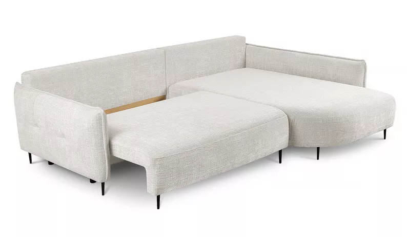Ecksofa Oblivio mit Schlaffunktion L-förmig mit Stauraum cremefarbener Chenille rechtsseitig