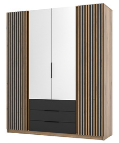 Kaja Kleiderschrank mit vier Türen, Lamellen, Spiegel und drei Schubladen, 200 cm, schwarz/Eiche evoke