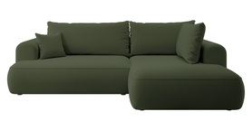 Ecksofa mit Schlaffunktion Ovo L-förmig mit Armlehne und Stauraum, olivgrüner, leicht zu reinigender Velours, rechtsseitig