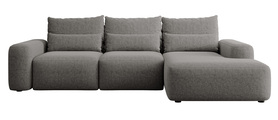 Ecksofa mit Schlaffunktion Carnos in L-Form mit zusätzlichen Lendenkissen, dunkelgrauer hydrophober Chenille, rechtsseitig.