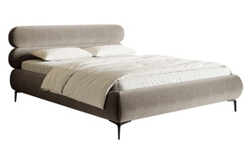 Polsterbett 140x200 cm Roule mit Stauraum, metallisches Gestell, grau-beige, hydrophobischer Samt, schwarze Beine