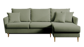 Ecksofa mit Schlaffunktion Volio in salbeigrünem, hydrophobischem Velvet und goldenen Beinen