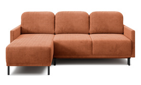 Ecksofa Hamiel L-förmig mit Bettfunktion und universellem Stauraum aus kupferfarbener Cord.