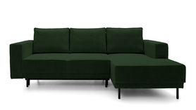 Ecksofa mit Schlaffunktion Rodario mini dunkelgrün mit Stauraum, rechtsseitig aus Cord.