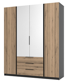 Kaja Kleiderschrank mit vier Türen, Spiegel und drei Schubladen, 200 cm Eiche Evoke/schwarz