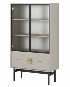 Niedrige Stoon-Vitrine 85 cm mit drei Regalen und zwei Schubladen in Grau-Beige