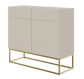 Zweiflügelige Kommode Veldio mit gefräster Front und zwei Schubladen 100 cm Grau Beige mit goldenen Beinen