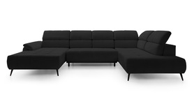 Ecksofa mit Schlaffunktion Mamutio U-Form mit elektrisch ausziehbarem Sitz und verstellbaren Kopfstützen, schwarzes Chenille, rechtsseitig.