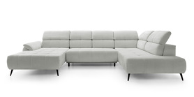 Ecksofa mit Schlaffunktion Mamutio U-förmig mit elektrisch ausziehbarem Sitz und verstellbaren Kopfstützen in hellgrauem Chenille, rechtsseitig.
