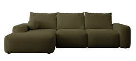 Ecksofa mit Schlaffunktion Carnos L-förmig mit Ball, einzelne Kissen olivgrüner hydrophober Chenille linksseitig