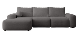 Ecksofa mit Schlaffunktion Carnos L-förmig mit Ball, einzelne Kissen aus dunkelgrauem hydrophobem Chenille, linksseitig.