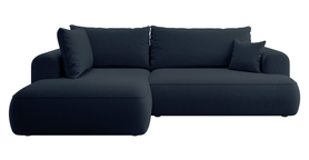 Ecksofa mit Schlaffunktion Ovo L-förmig mit Armlehne und Stauraum, marineblaues, pflegeleichtes Velvet, linksseitig