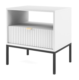 Nachttisch Vellore 54 cm weiß mit geriffelter Front und goldenem Griff