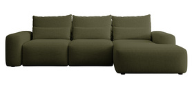 Ecksofa mit Schlaffunktion Carnos L-förmig mit zusätzlichen Lendenkissen olivgrüner hydrophober Chenille rechtsseitig