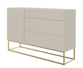 Einzelne Veldio-Kommode mit gefräster Front und drei Schubladen 140 cm Grau Beige mit goldenen Beinen