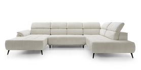 Ecksofa mit Schlaffunktion Mamutio U-Form mit elektrisch ausziehbarem Sitz und verstellbaren Kopfstützen in cremefarbenem Chenille, rechtsseitig.