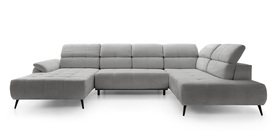 Ecksofa mit Schlaffunktion Mamutio U-förmig mit elektrisch ausziehbarem Sitz und verstellbaren Kopfstützen in grauem Chenille, rechtsseitig.