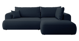 Ecksofa mit Schlaffunktion Ovo L-förmig mit Armlehne und Stauraum in dunkelblauem, pflegeleichtem Velvet, rechtsseitig.