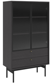 Niedrige Vitrine Olar 85 cm mit drei Regalen und zwei Schubladen Esche Portland schwarz