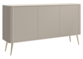Oval-Kommode mit Rillen, dreitürig, grau-beige mit goldenen Beinen